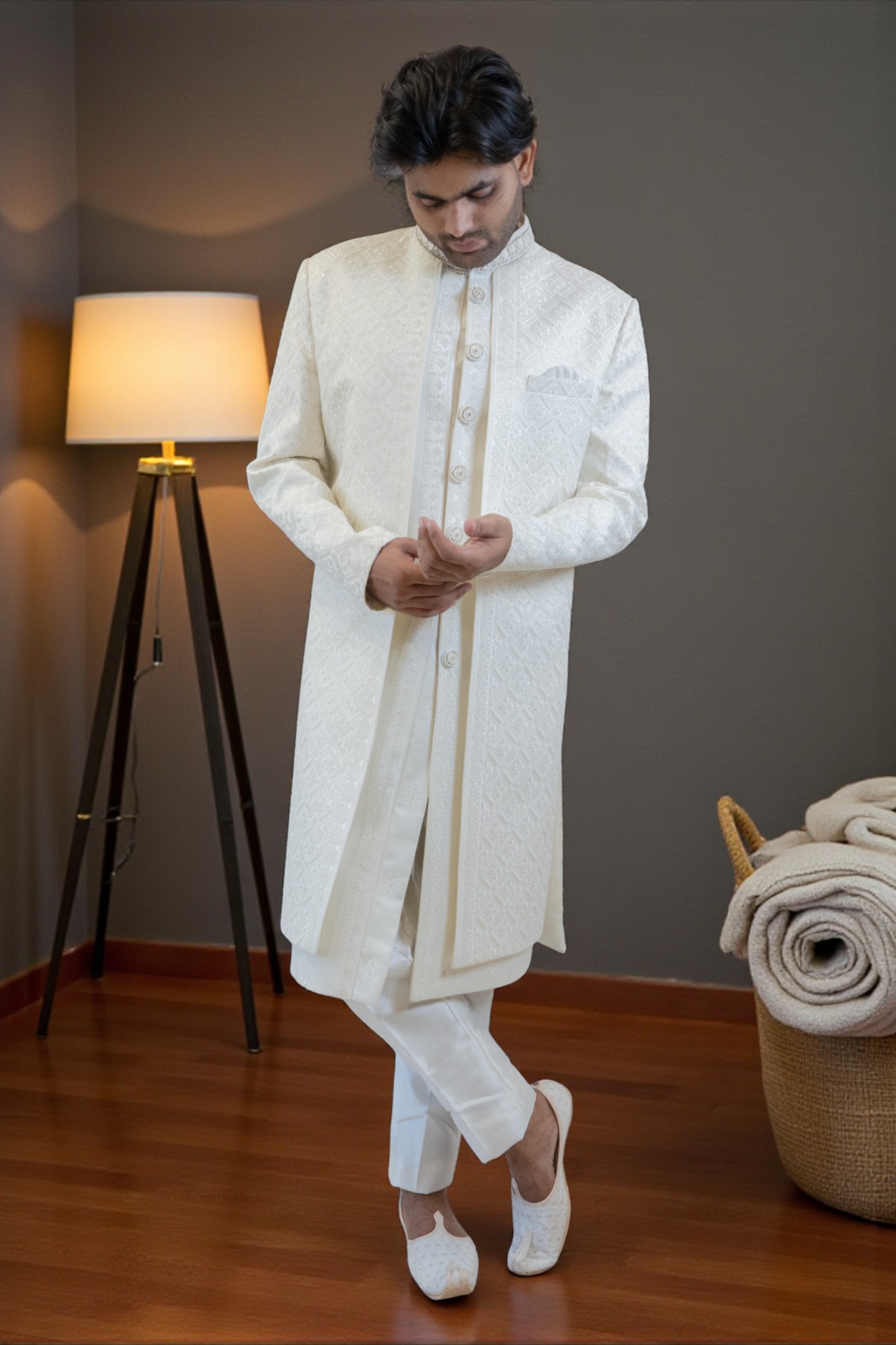 Off-White Sherwani Set for Men with Floral Embroidery – Elegant & Modern