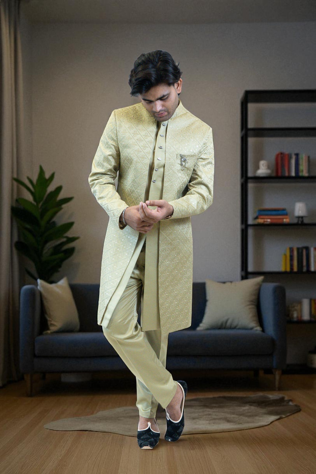 Light Green Indo Western Shrug Style Outfit for Men