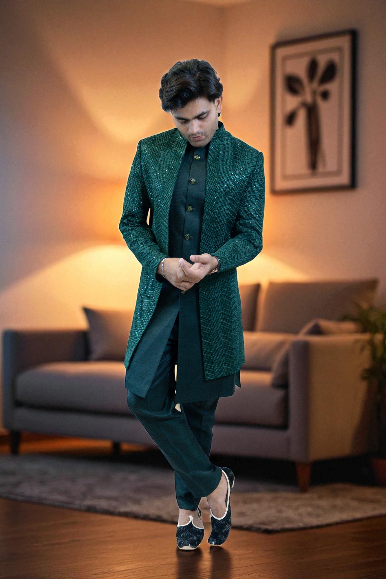 Bottle Green Indo Western Shrug Style with Sequin & Thread Work
