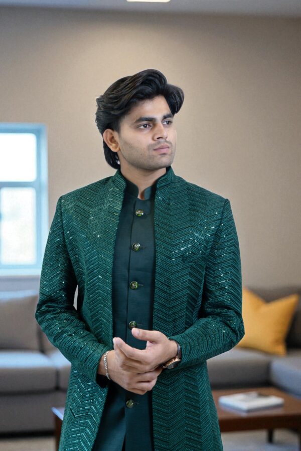 Bottle Green Indo Western Shrug Style with Sequin & Thread Work - Image 4