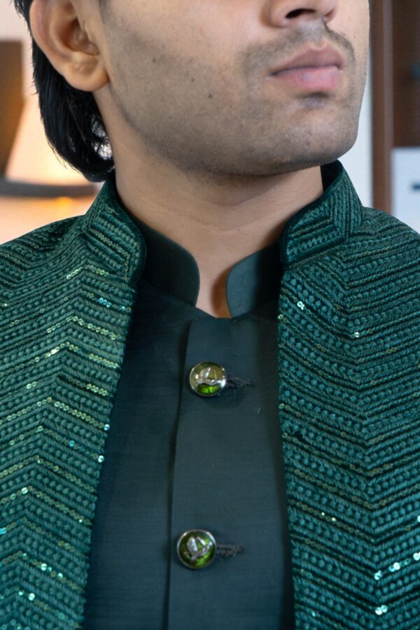 Bottle Green Indo Western Shrug Style with Sequin & Thread Work - Image 3