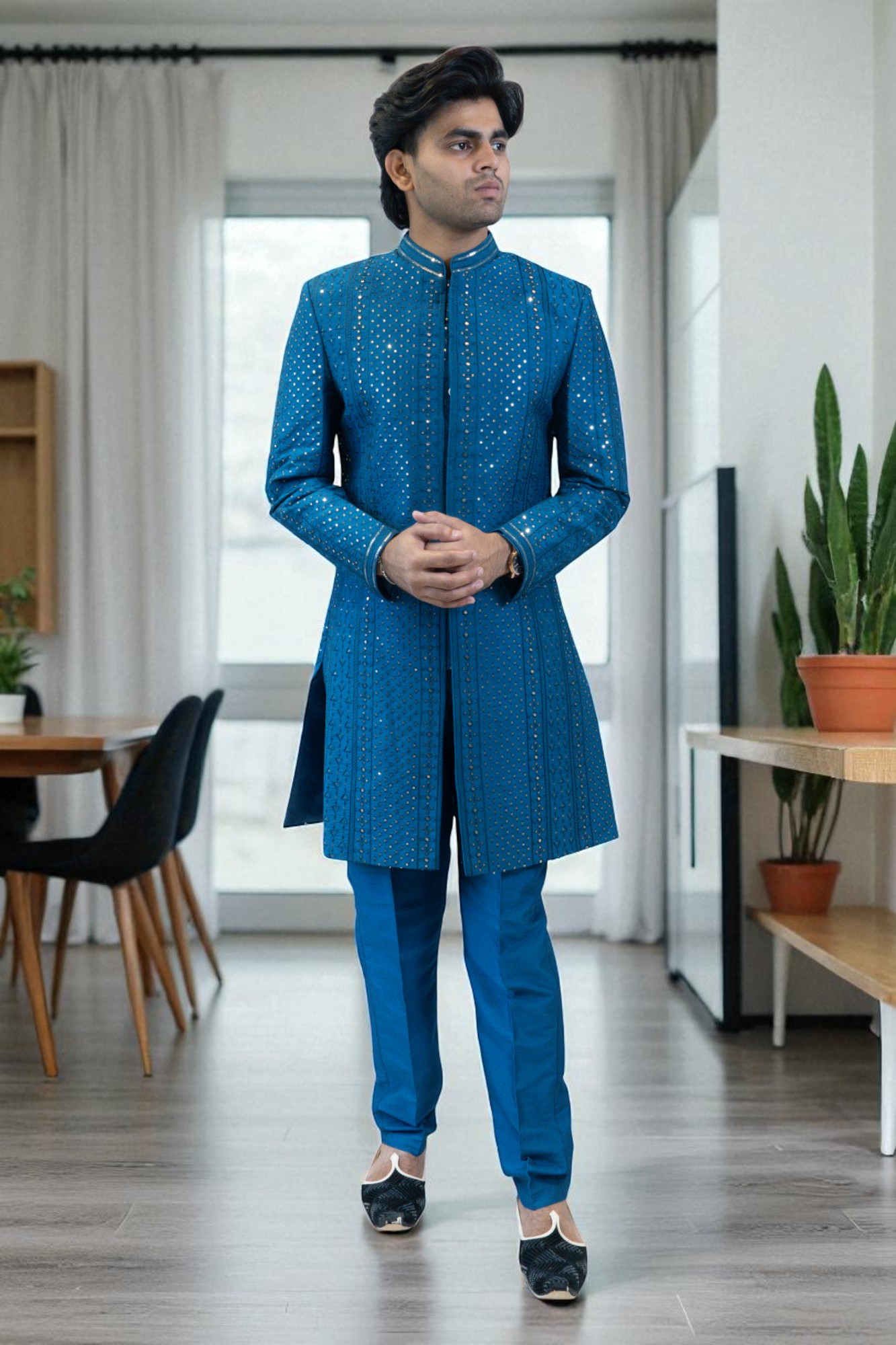 Blue Indo Western Shrug Style Outfit for Men