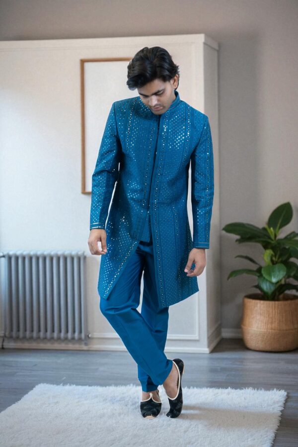 Blue Indo Western Shrug Style Outfit for Men - Image 2
