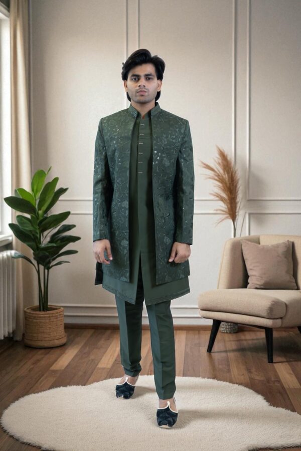 Modern Dark Green Indo Western Outfit for Cultural Events - Image 2