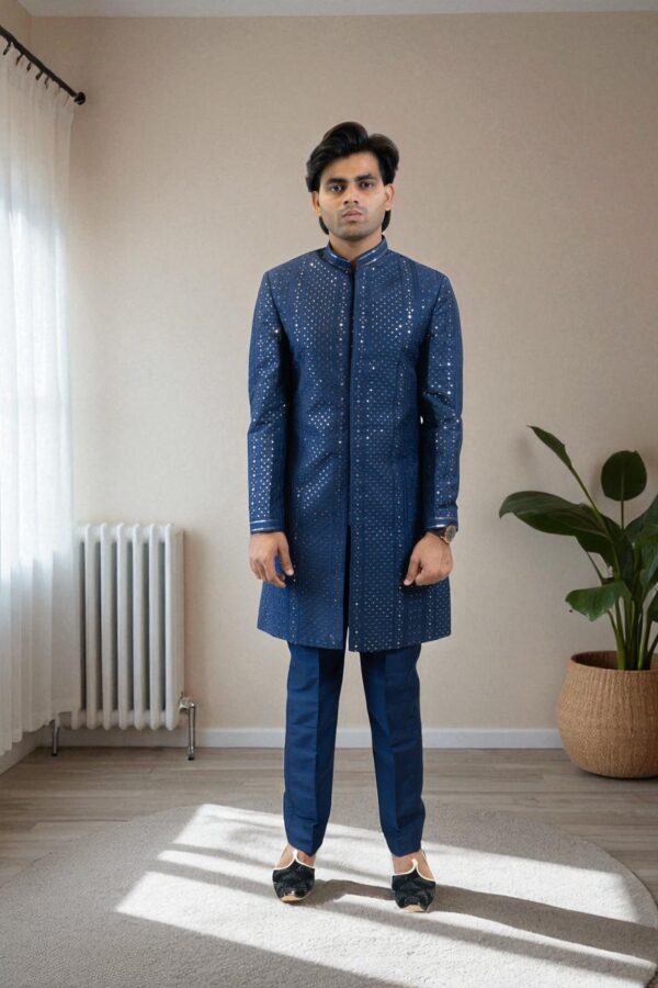 Navy Blue Indo Western Shrug Style with Sequin & Thread Work - Image 3