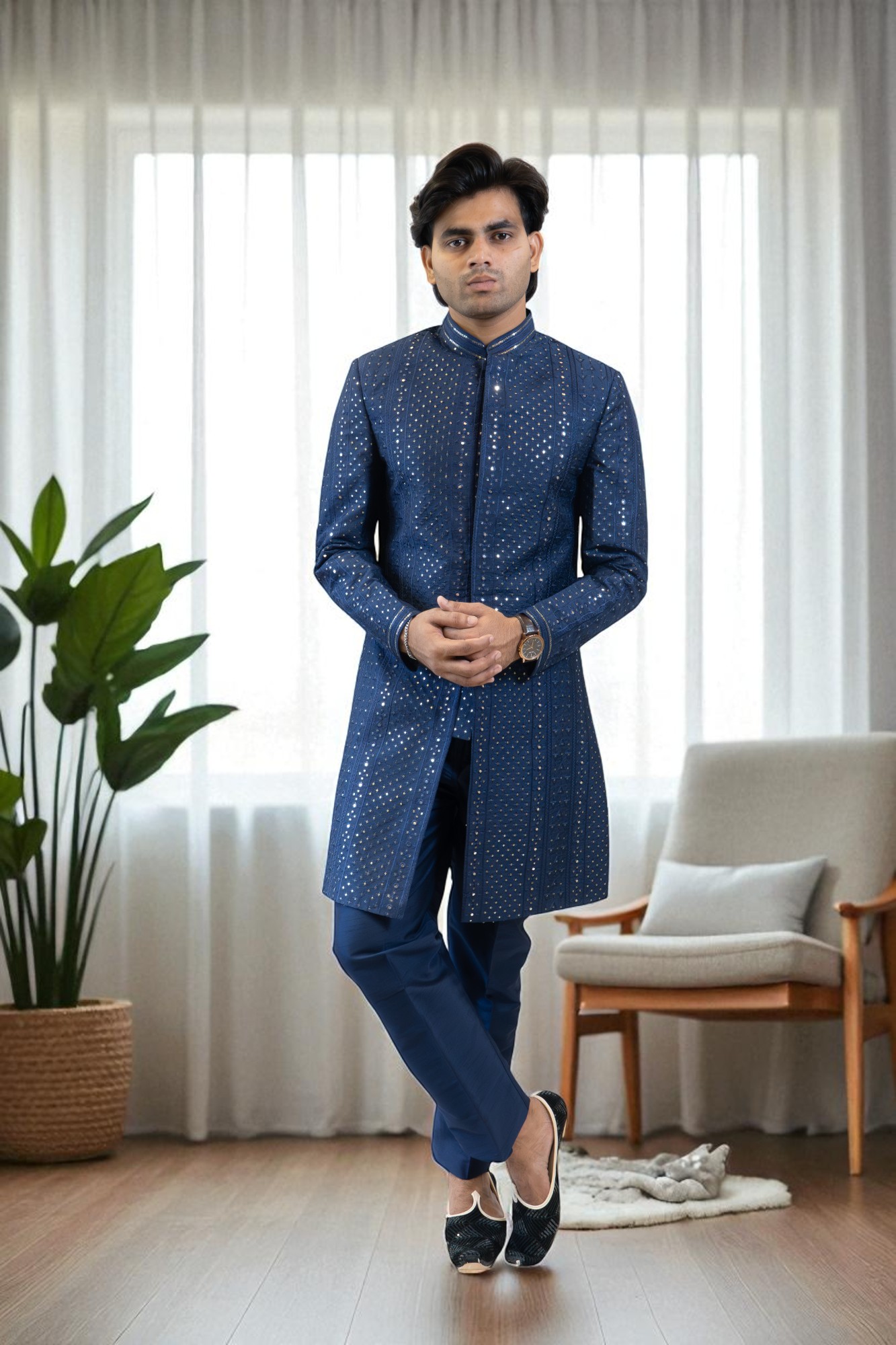 Navy Blue Indo Western Shrug Style with Sequin & Thread Work