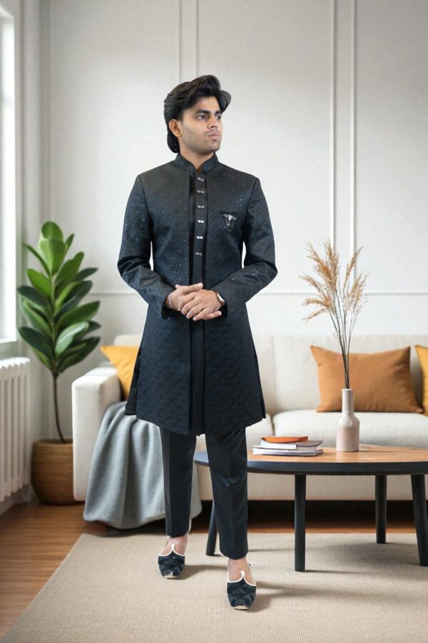 Black Indo Western Shrug Style Outfit for Men - Image 2