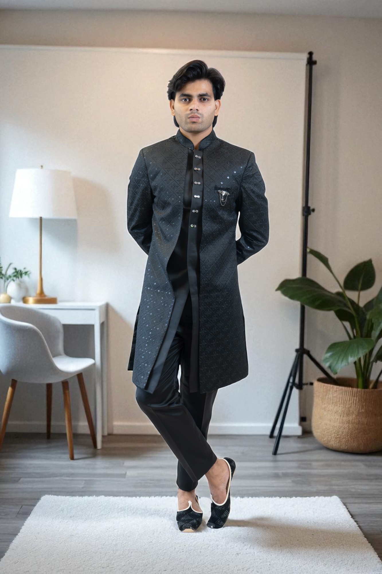 Black Indo Western Shrug Style Outfit for Men