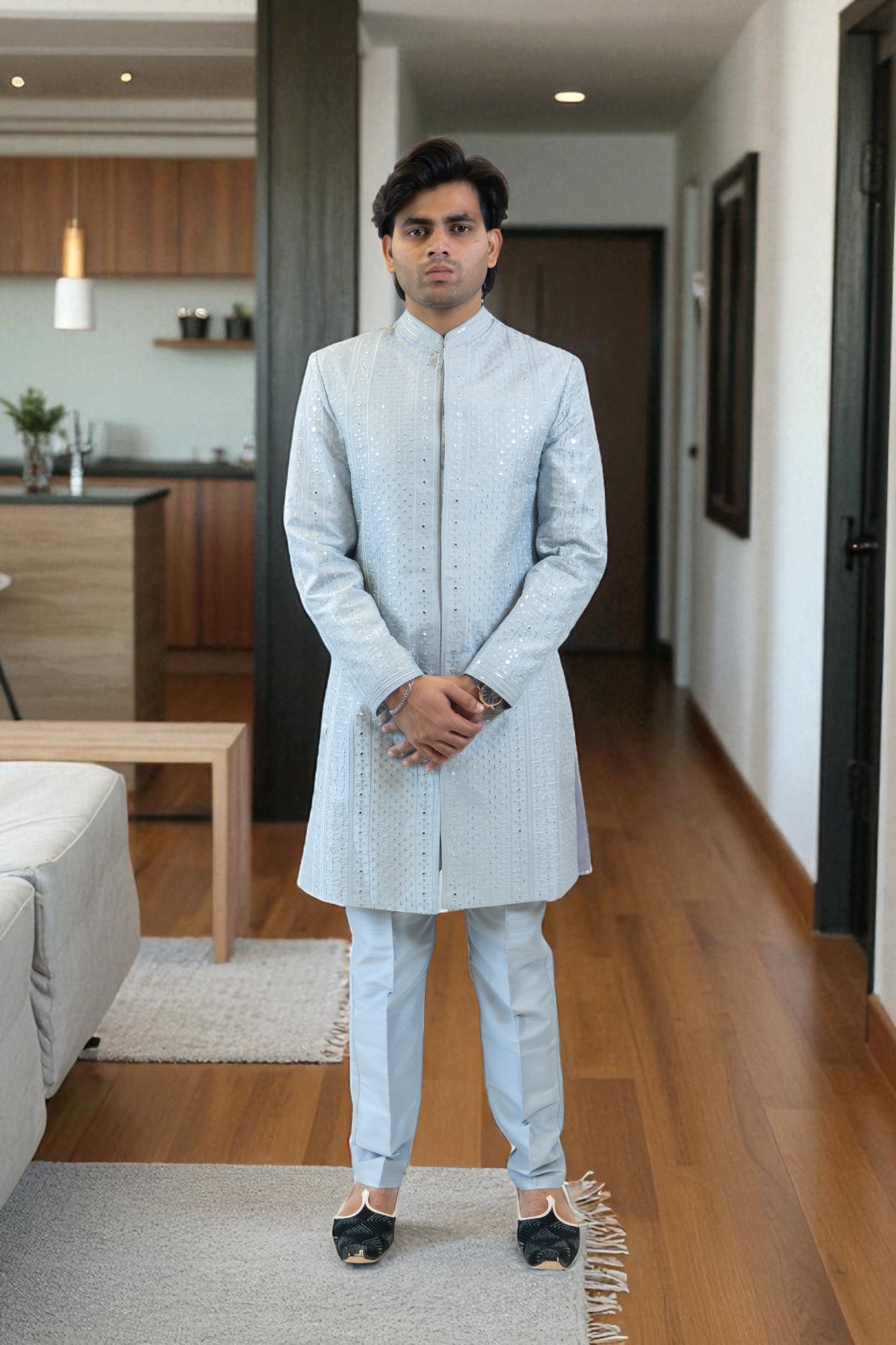 Sky Blue Indo Western Shrug Style Outfit for Men