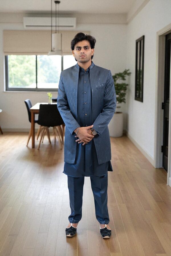 Navy Blue Indo Western Shrug Style Outfit for Men - Image 2