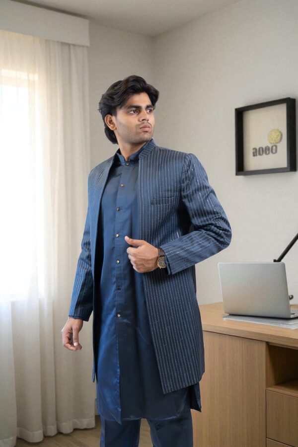 Navy Blue Indo Western Shrug Style Outfit for Men - Image 3