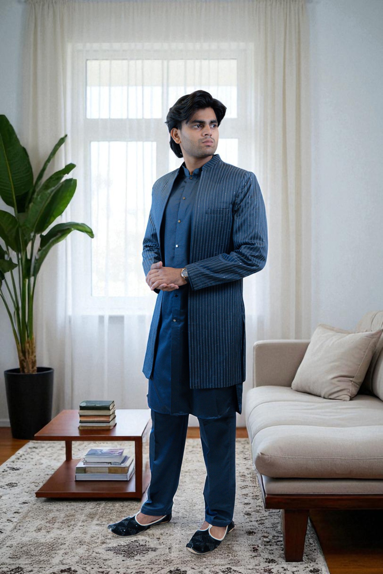 Navy Blue Indo Western Shrug Style Outfit for Men