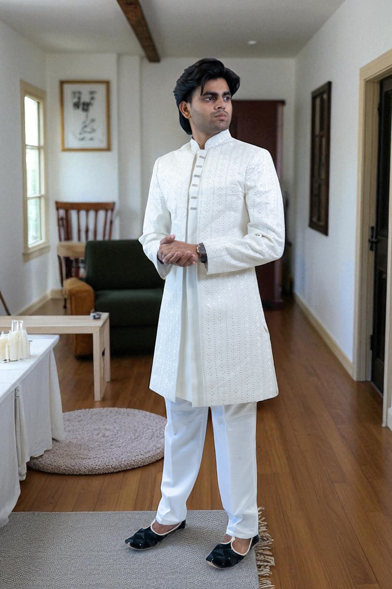 Premium Fabric Off-White Indo Western Shrug for Men