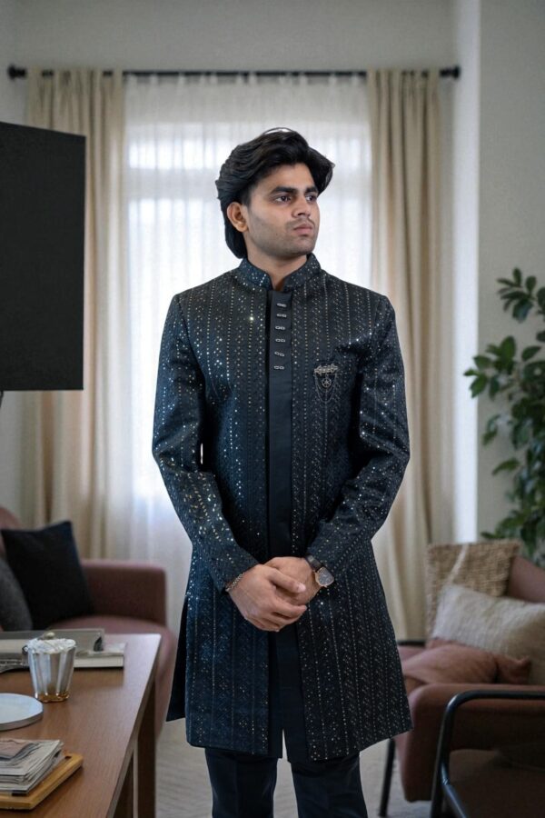 Black Indo Western Shrug Style Outfit for Men - Image 5