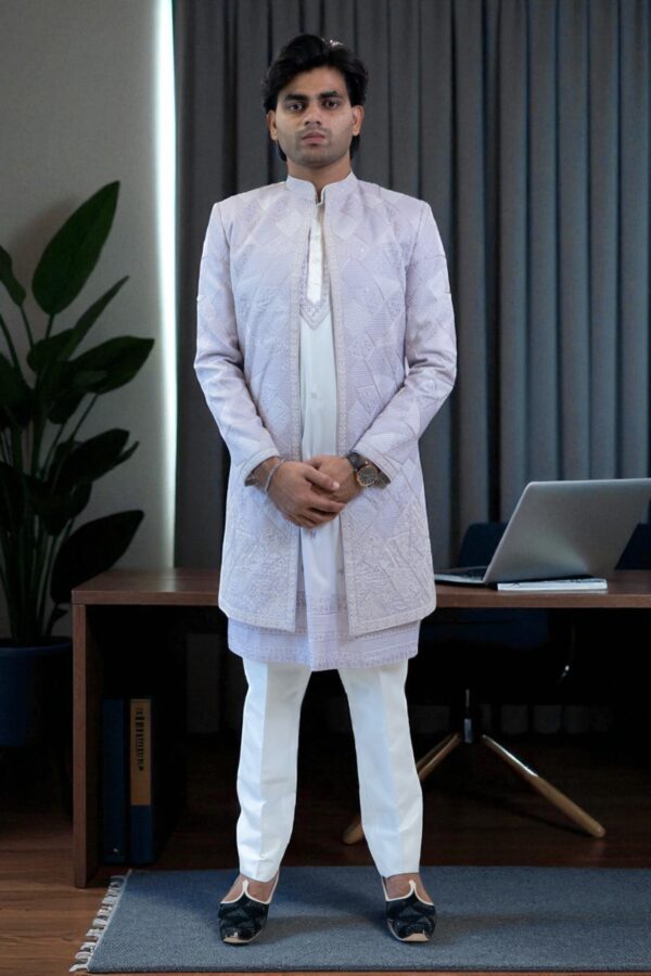 Lavender Indo Western Shrug/Jacket with Kurta Pajama for Men - Image 3
