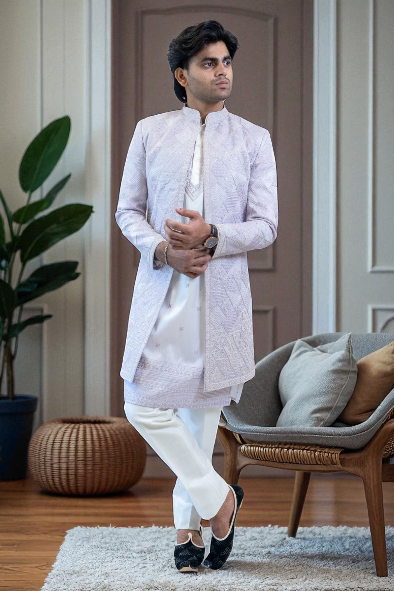 Lavender Indo Western Shrug/Jacket with Kurta Pajama for Men