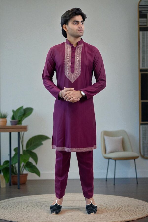 Indo Western Embroidered Chikankari Kurta with Pyjamas & Waistcoat - Image 2