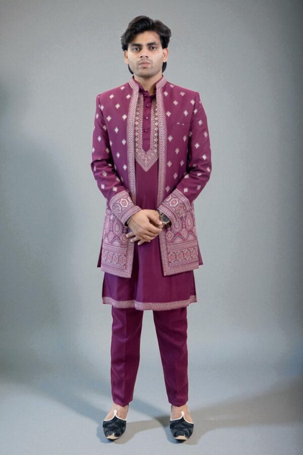 Indo Western Embroidered Chikankari Kurta with Pyjamas & Waistcoat