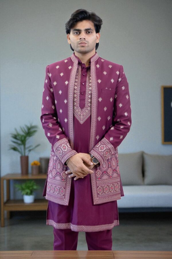 Indo Western Embroidered Chikankari Kurta with Pyjamas & Waistcoat - Image 3