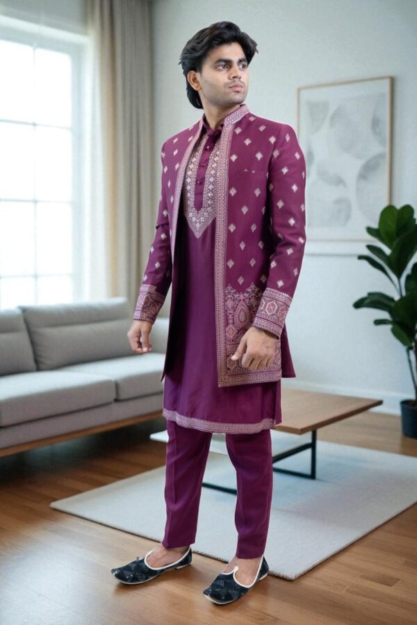 Indo Western Embroidered Chikankari Kurta with Pyjamas & Waistcoat - Image 4