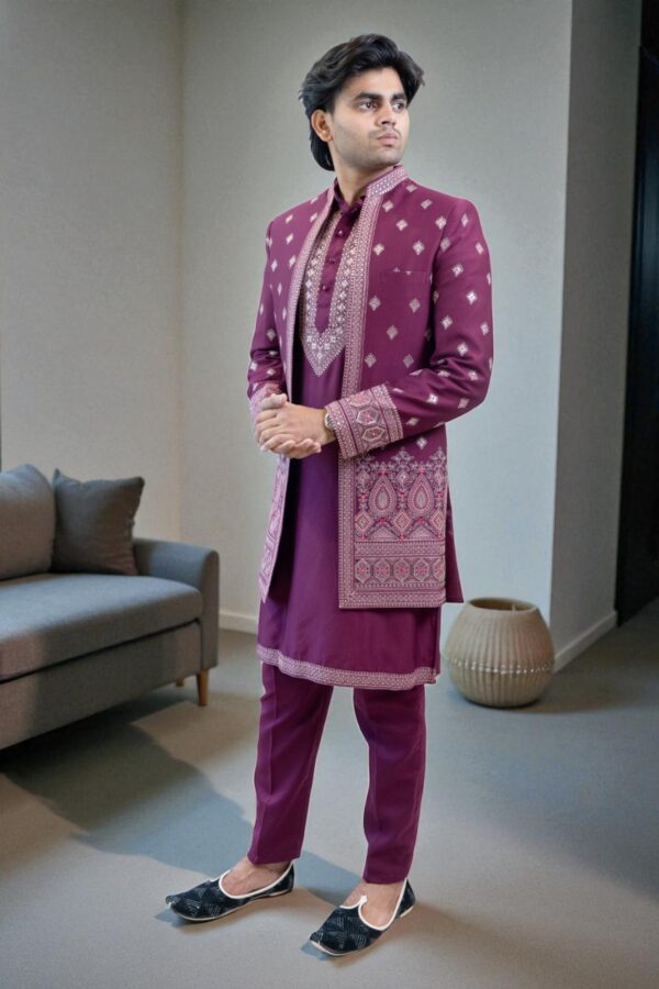 Indo Western Embroidered Chikankari Kurta with Pyjamas & Waistcoat - Image 5