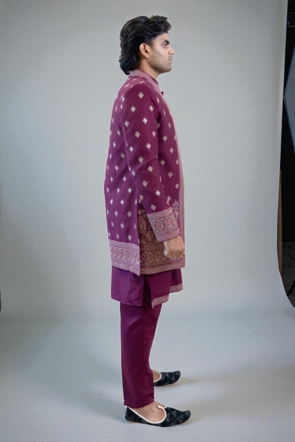 Indo Western Embroidered Chikankari Kurta with Pyjamas & Waistcoat - Image 7