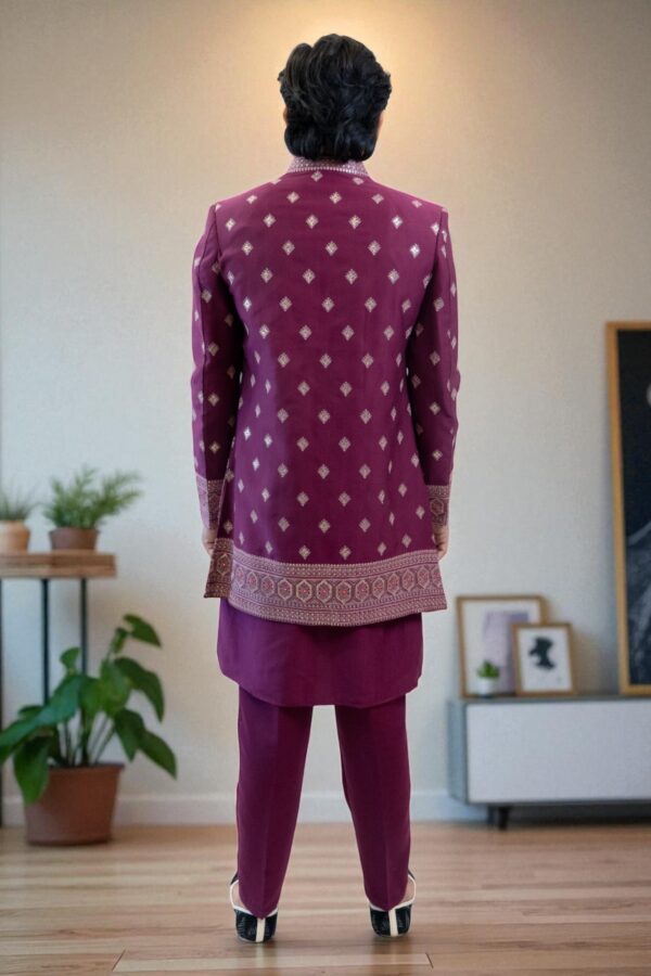 Indo Western Embroidered Chikankari Kurta with Pyjamas & Waistcoat - Image 6