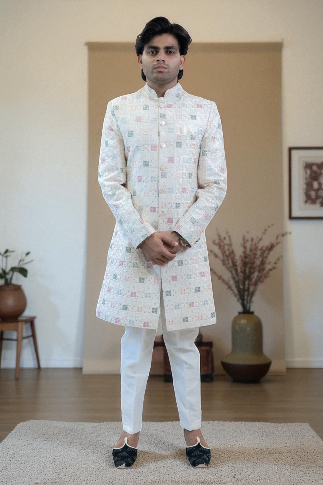 Multi-Color Bandhgala Indo Western Suit for Men – Suiting Fabric & Embroidery Design