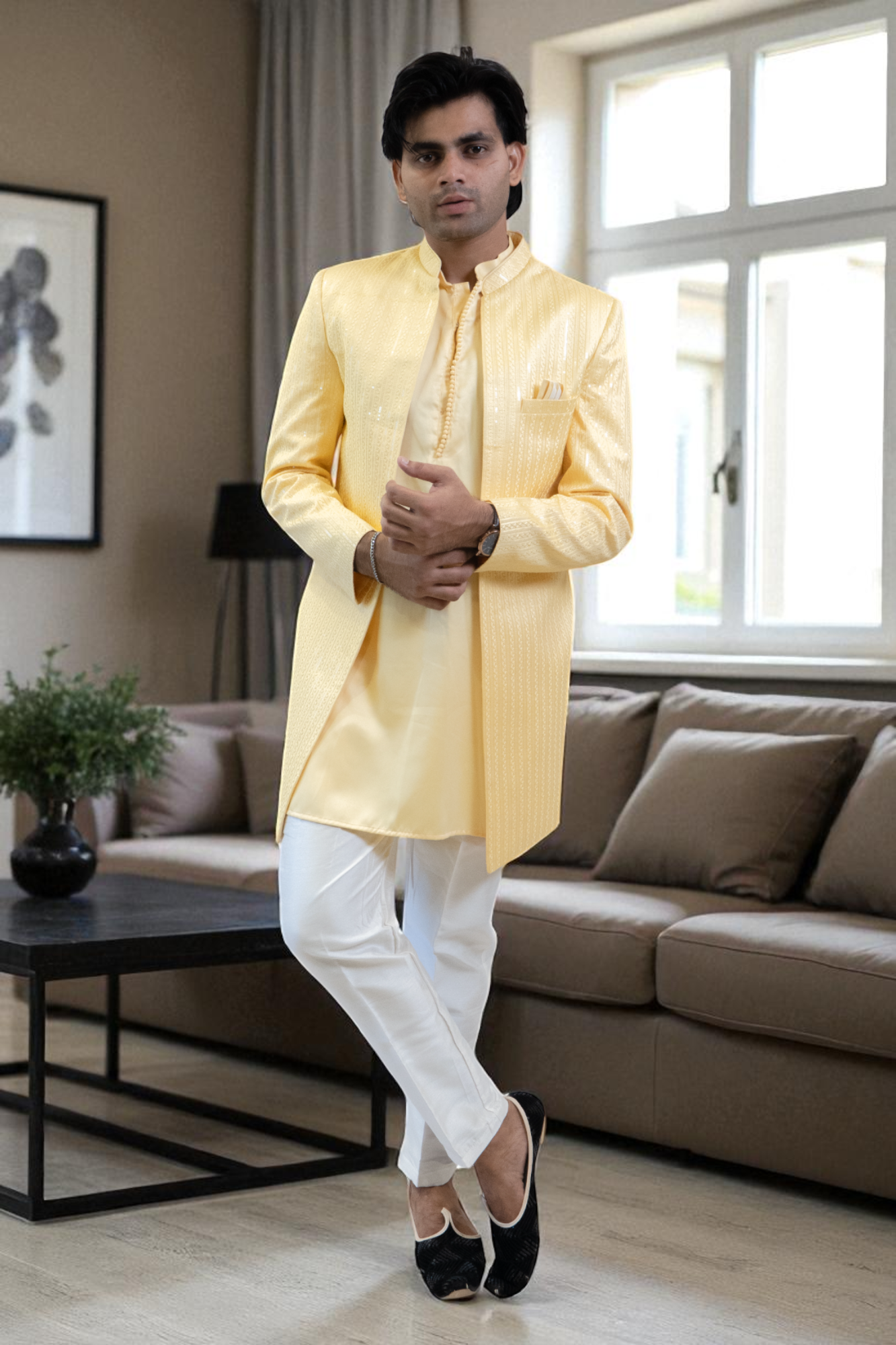 Yellow Indo Western Shrug/Jacket with Sequin Work