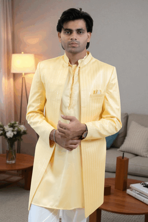 Yellow Indo Western Shrug/Jacket with Sequin Work - Image 3