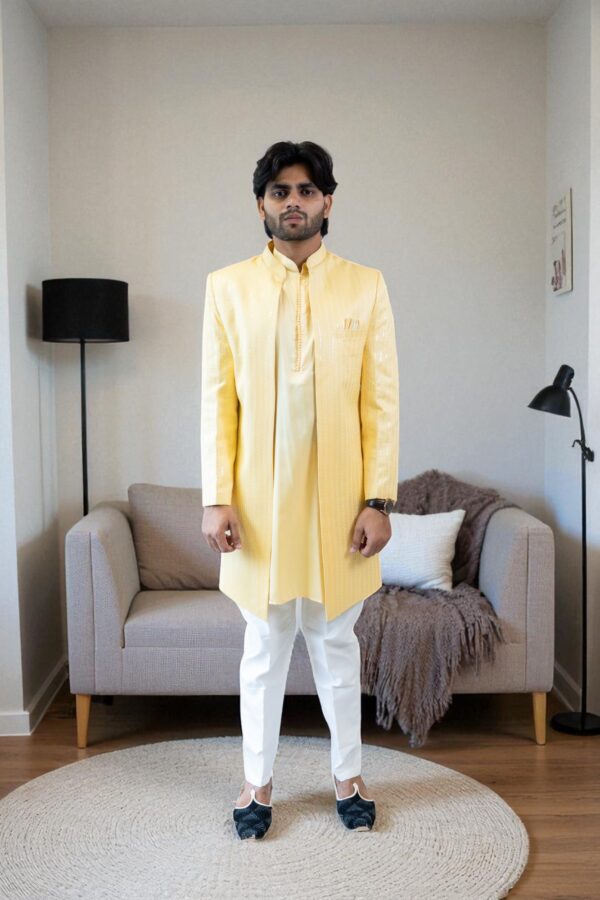 Yellow Sequin Design Shurg Style Indo-Western Suit - Image 2