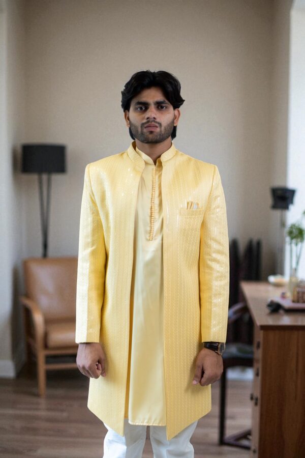 Yellow Sequin Design Shurg Style Indo-Western Suit - Image 3