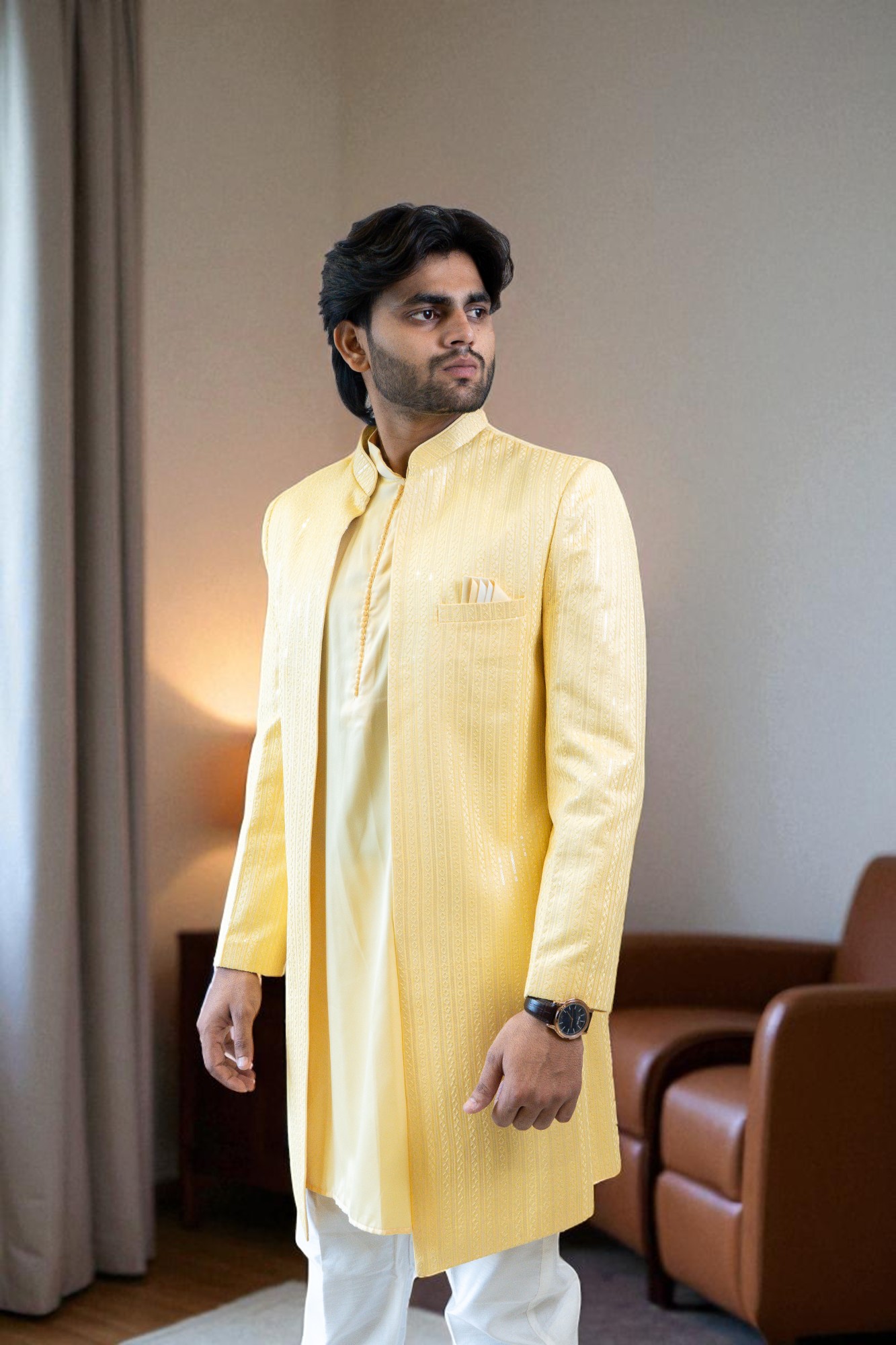 Yellow Sequin Design Shurg Style Indo-Western Suit