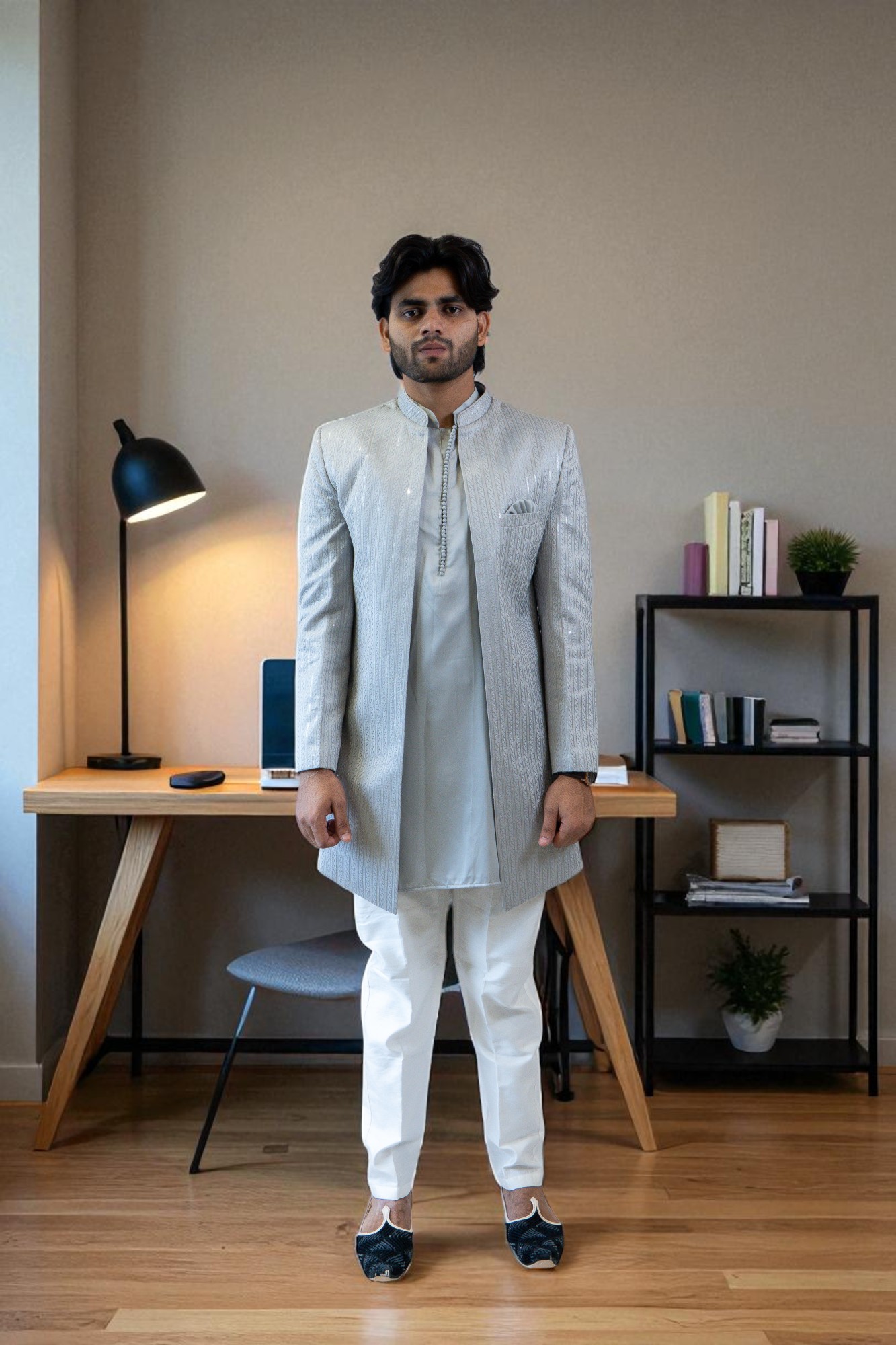 Grey Sequin Design Shurg Style Indo Western Suit for Men