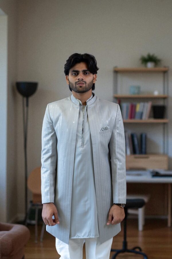 Grey Sequin Design Shurg Style Indo Western Suit for Men - Image 3