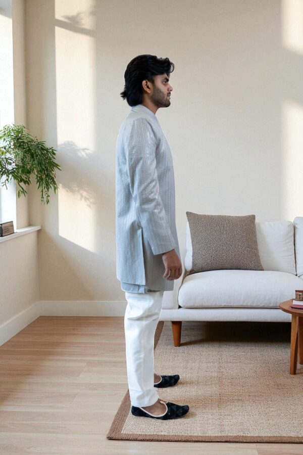 Grey Sequin Design Shurg Style Indo Western Suit for Men - Image 4