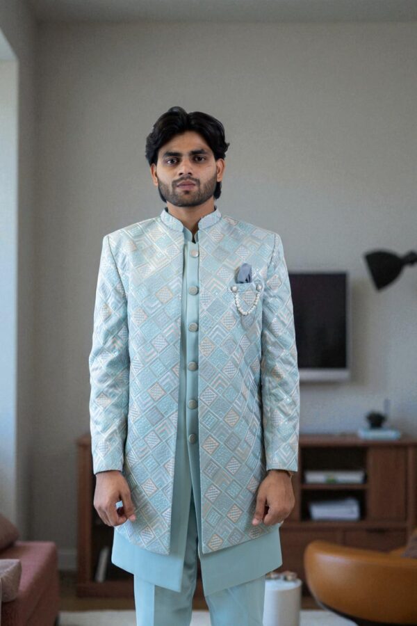 Sky Blue Indo-Western Suit for Men – Elegant Embroidery Design - Image 6