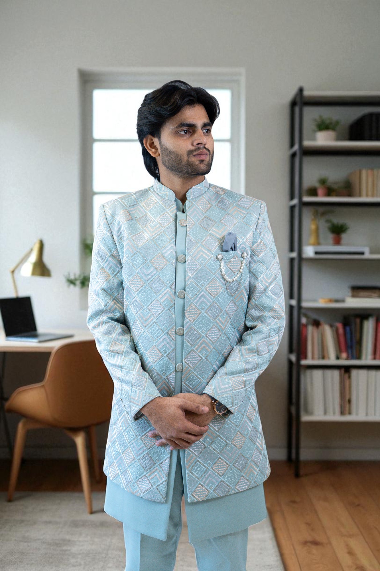 Sky Blue Indo-Western Suit for Men – Elegant Embroidery Design