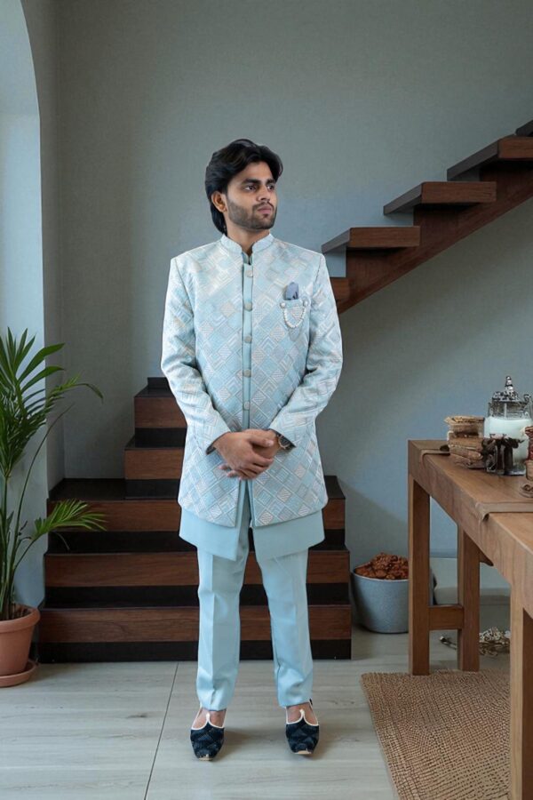 Sky Blue Indo-Western Suit for Men – Elegant Embroidery Design - Image 2