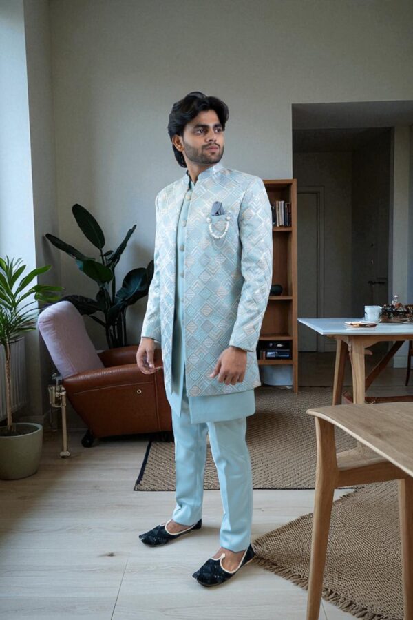Sky Blue Indo-Western Suit for Men – Elegant Embroidery Design - Image 3