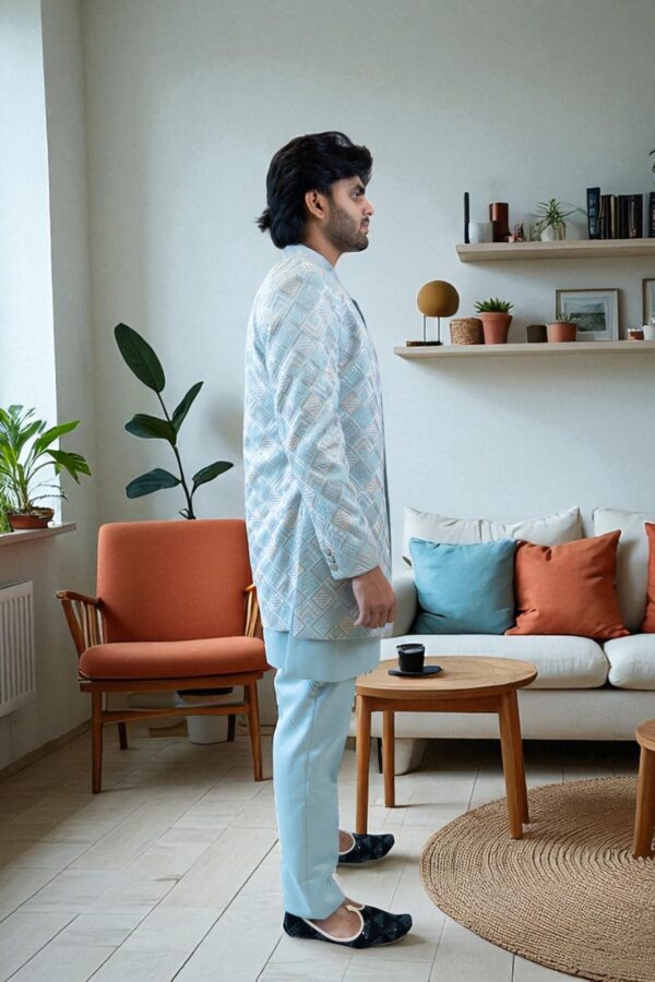 Sky Blue Indo-Western Suit for Men – Elegant Embroidery Design - Image 4