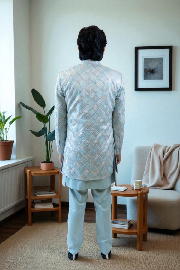Sky Blue Indo-Western Suit for Men – Elegant Embroidery Design - Image 5