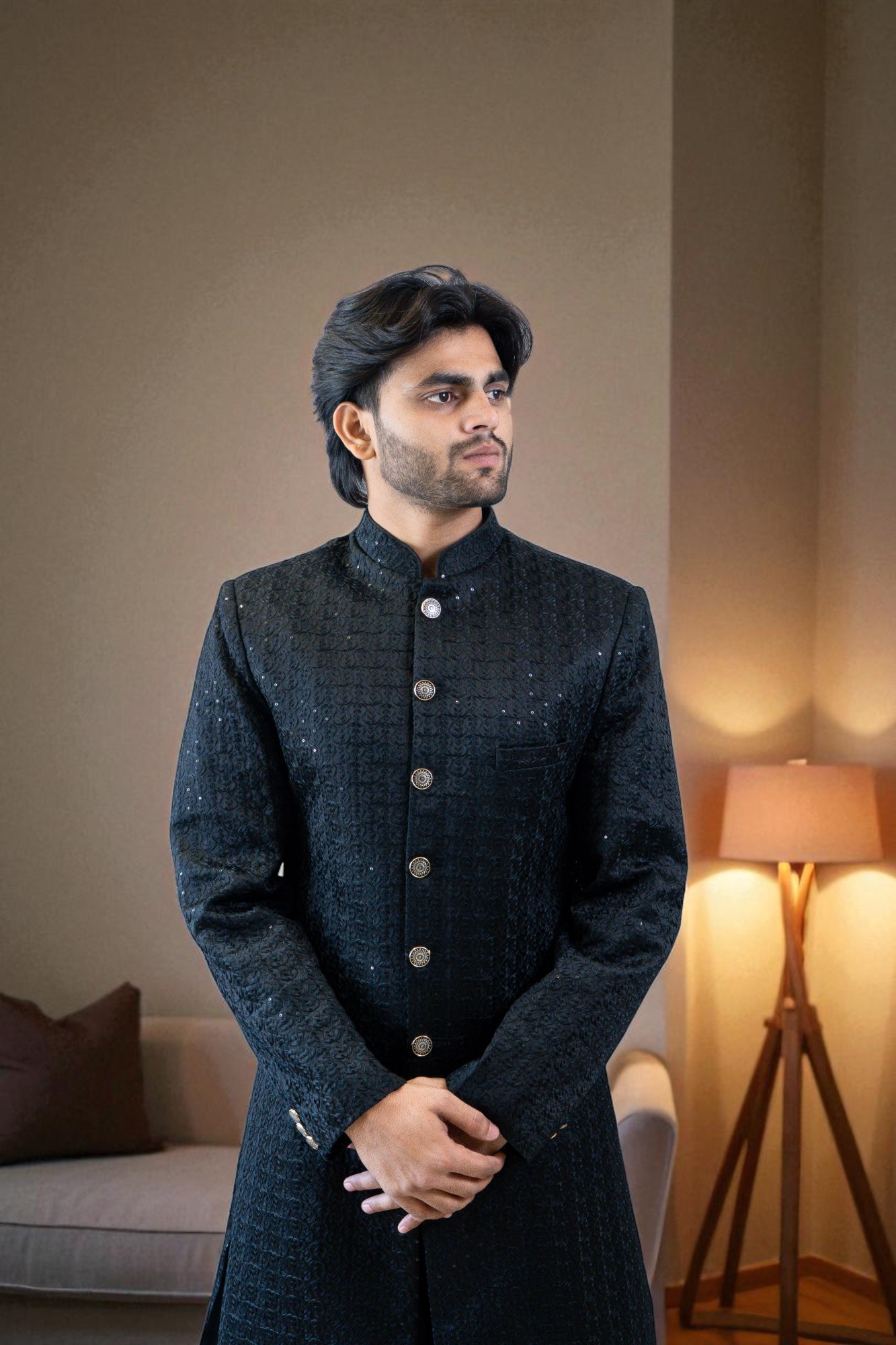 Black Bandhgala Indo-Western Suit for Men – Elegant Sequin Design in Suiting Fabric