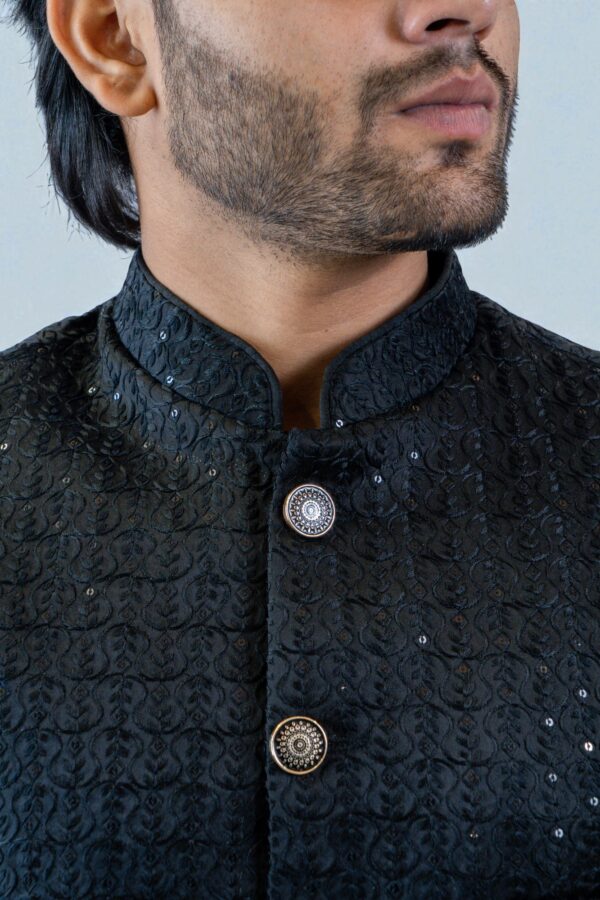 Black Bandhgala Indo-Western Suit for Men – Elegant Sequin Design in Suiting Fabric - Image 6