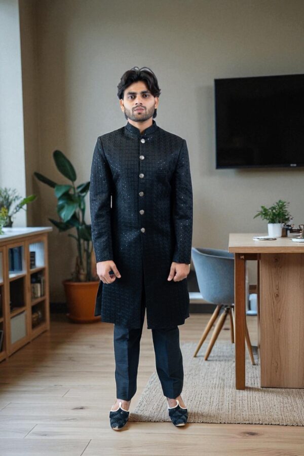 Black Bandhgala Indo-Western Suit for Men – Elegant Sequin Design in Suiting Fabric - Image 2