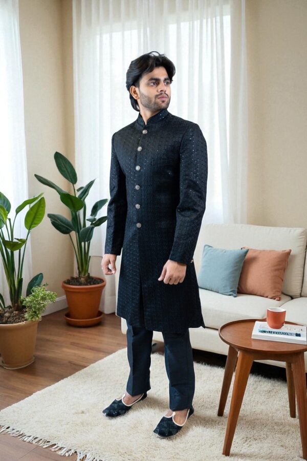 Black Bandhgala Indo-Western Suit for Men – Elegant Sequin Design in Suiting Fabric - Image 3