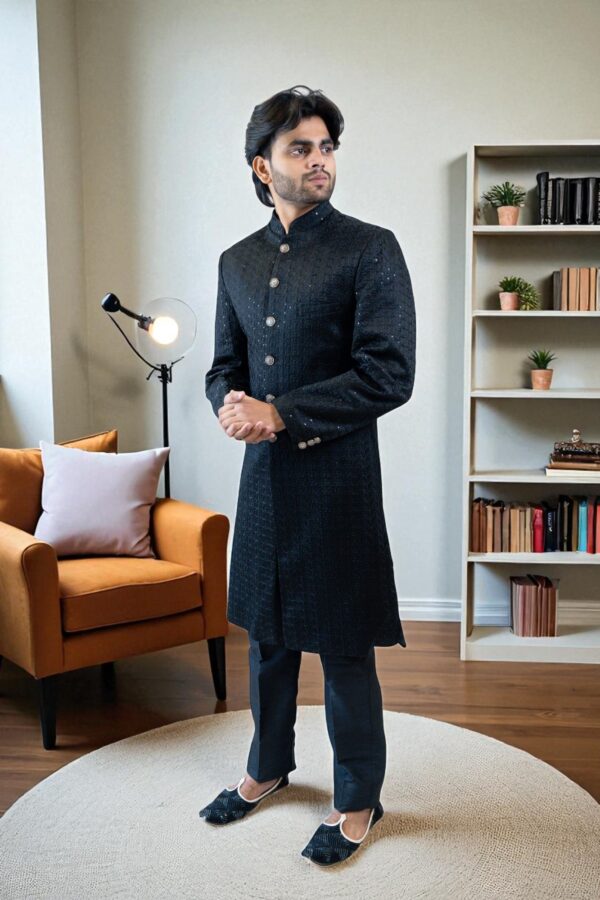 Black Bandhgala Indo-Western Suit for Men – Elegant Sequin Design in Suiting Fabric - Image 4