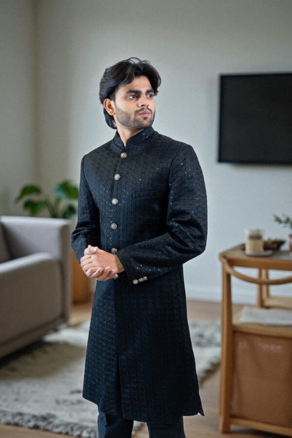 Black Bandhgala Indo-Western Suit for Men – Elegant Sequin Design in Suiting Fabric - Image 5