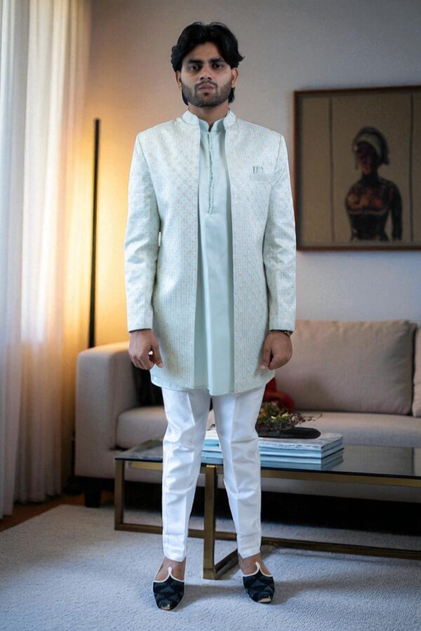 Men’s Sky Blue Embroidered Indo Western Set – Stylish & Comfortable Suiting Fabric Outfit - Image 2