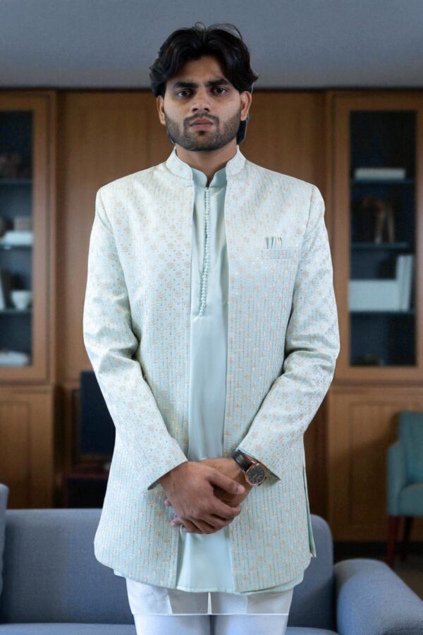 Men’s Sky Blue Embroidered Indo Western Set – Stylish & Comfortable Suiting Fabric Outfit - Image 3